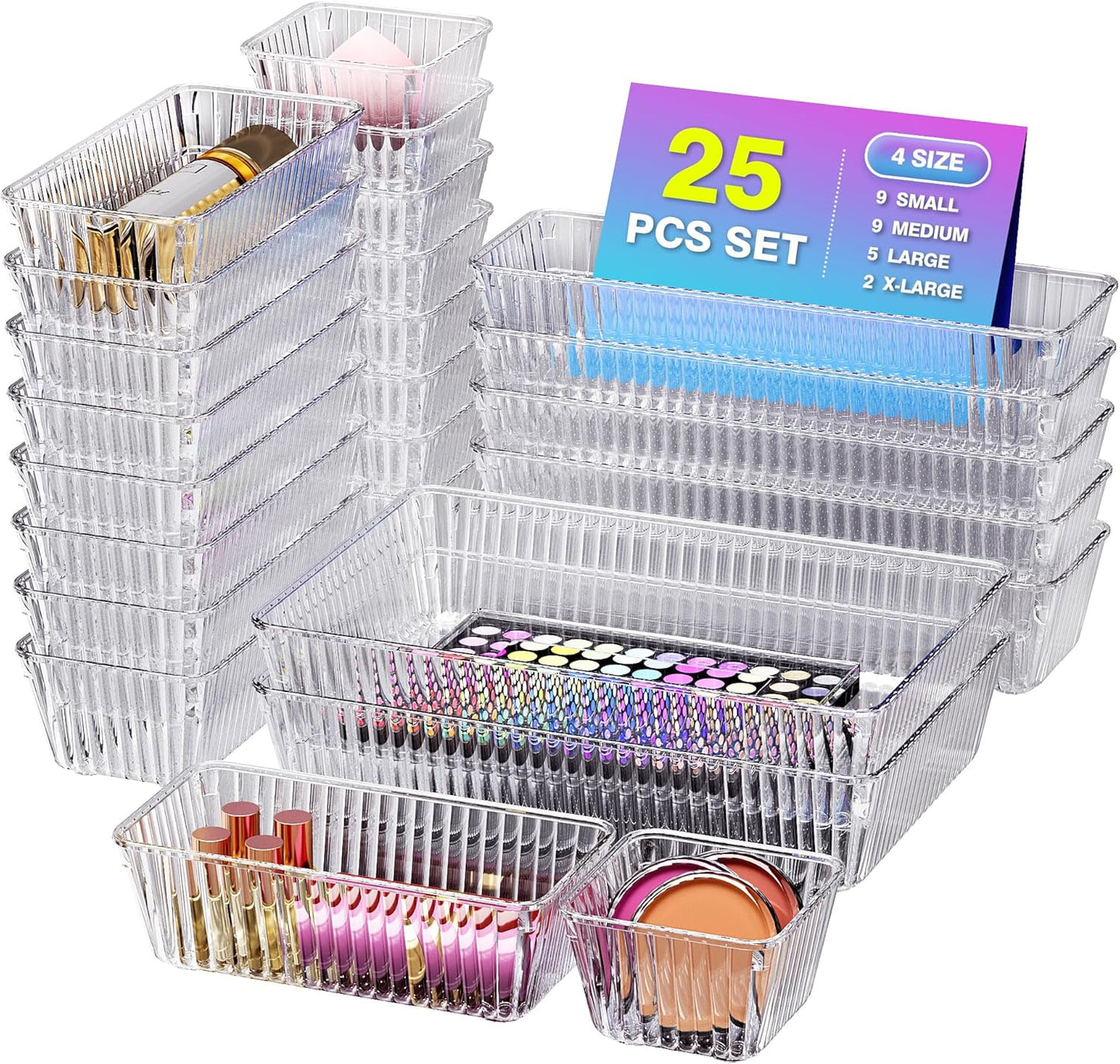 25 PCS Clear Plastic Drawer Organizer Set - 4 Sizes Makeup Organizer Desk Drawer Divider Bathroom Organizers and Storage Bins for Makeup, Jewelry, Gadgets, Office, Kitchen, Bedroom, Bathroom