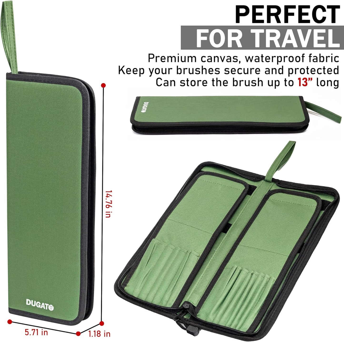DUGATO Long Canvas Paint Brush Holder Zippered 5.7x14.8 inch, Premium Art Case for Brushes Long Handle up to 13" Length, 15 Slots Storage for Artist (Brush Not Included) - Green