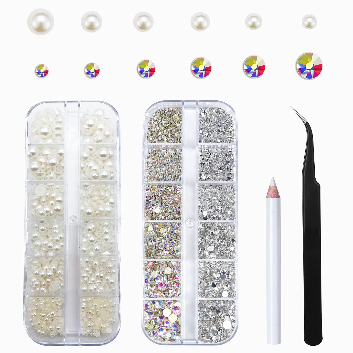 Nail Pearls Rhinestones for Nail Art,Clear Nail Gems Diamonds and AB Nail Crystals,Beige Flat Pearls for Nails,Nail Beads Supplies Accessories Stuff for Nail Tech,Craft DIY Pearl with Wax Pen Tweezers