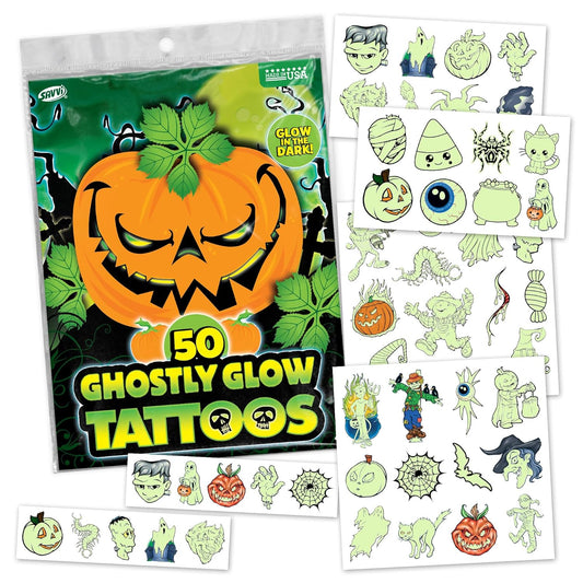 Glow in the Dark Ghost Temporary Tattoos – 50 Pack Halloween Tattoos for Kids, Spooky Party Favors, Non-Toxic & Easy to Apply, Fun Trick-or-Treat Handouts