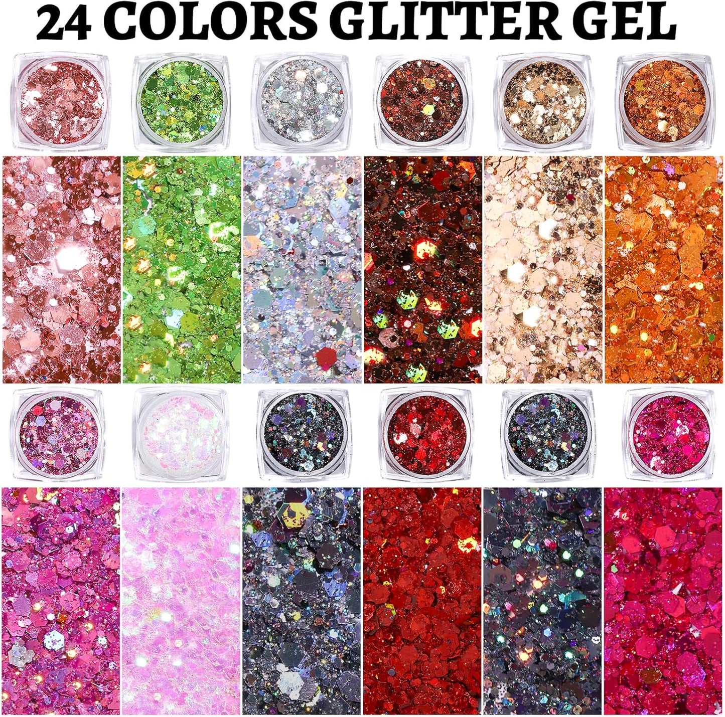 Teenitor 24 Colors Body & Hair Glitter Gel - Face, Body, Hair Glitter for Halloween Makeup Festival