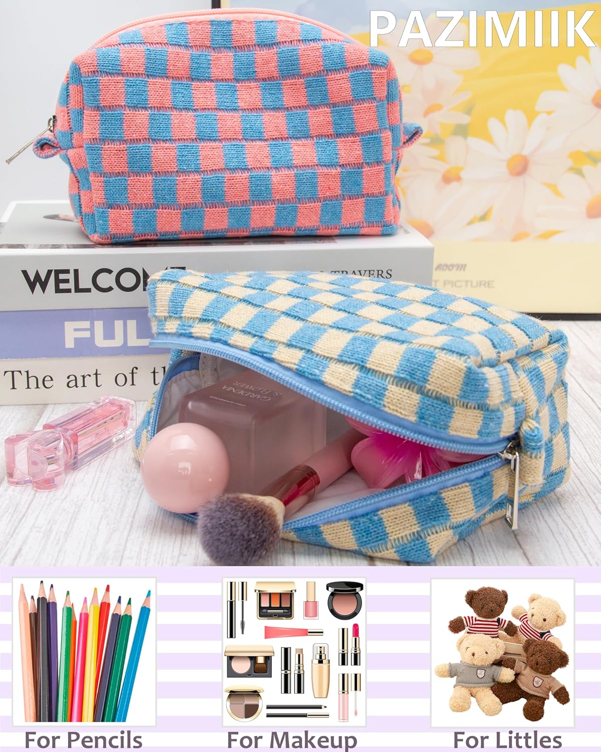 PAZIMIIK 6PCS Checkered Makeup Bag for Purse Portable Zipper Make Up Pouch Small Cosmetic Case for Travel Accessories Blue Beige