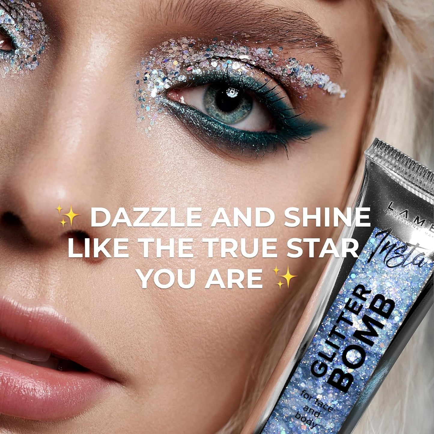 LAMEL Insta Glitter Bomb: Quick-Dry Holographic Face & Body Glitter Gel | Long-Lasting Shine & Effortless Removal | Perfect Face Glitter Makeup & Body, Hair Shimmer | Vegan & Cruelty Free -0.67 fl.oz