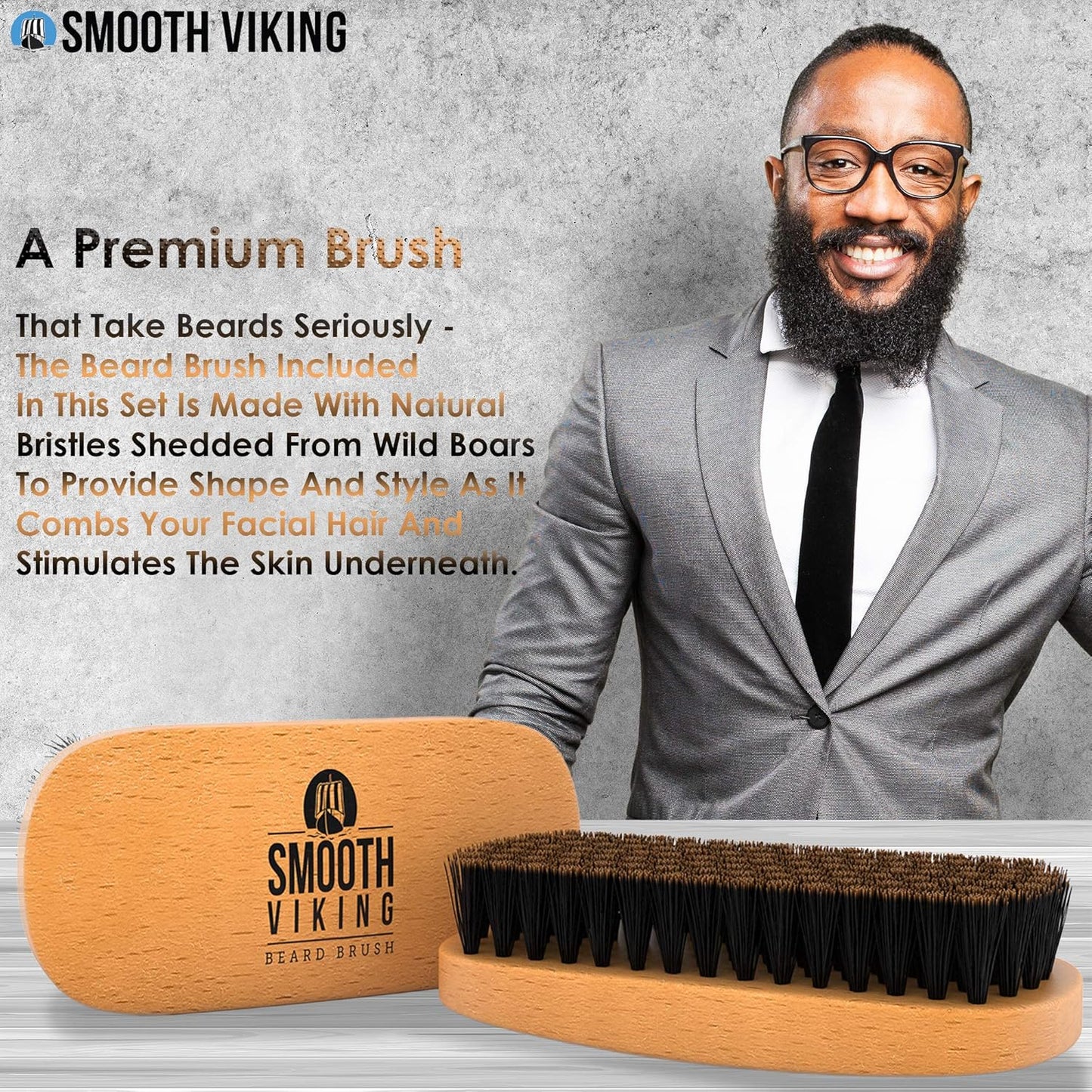Smooth Viking Beard and Facial Hair Grooming Set - Natural Boar Bristle Brush, Mustache Brush, Styling and Shaping Tool for Men