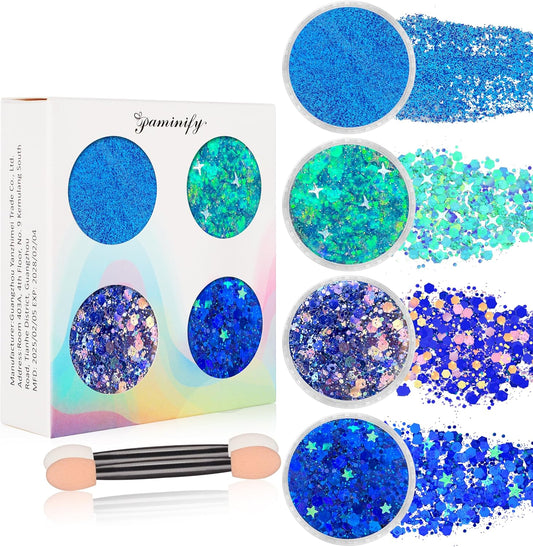 4 Jars Blue Face Glitter,Mermaid Costume for Kids,Sparkle Body Hair Glitter Face Paint,Singer Concert Rave Festival Glitter Accessories,40g/1.41 oz