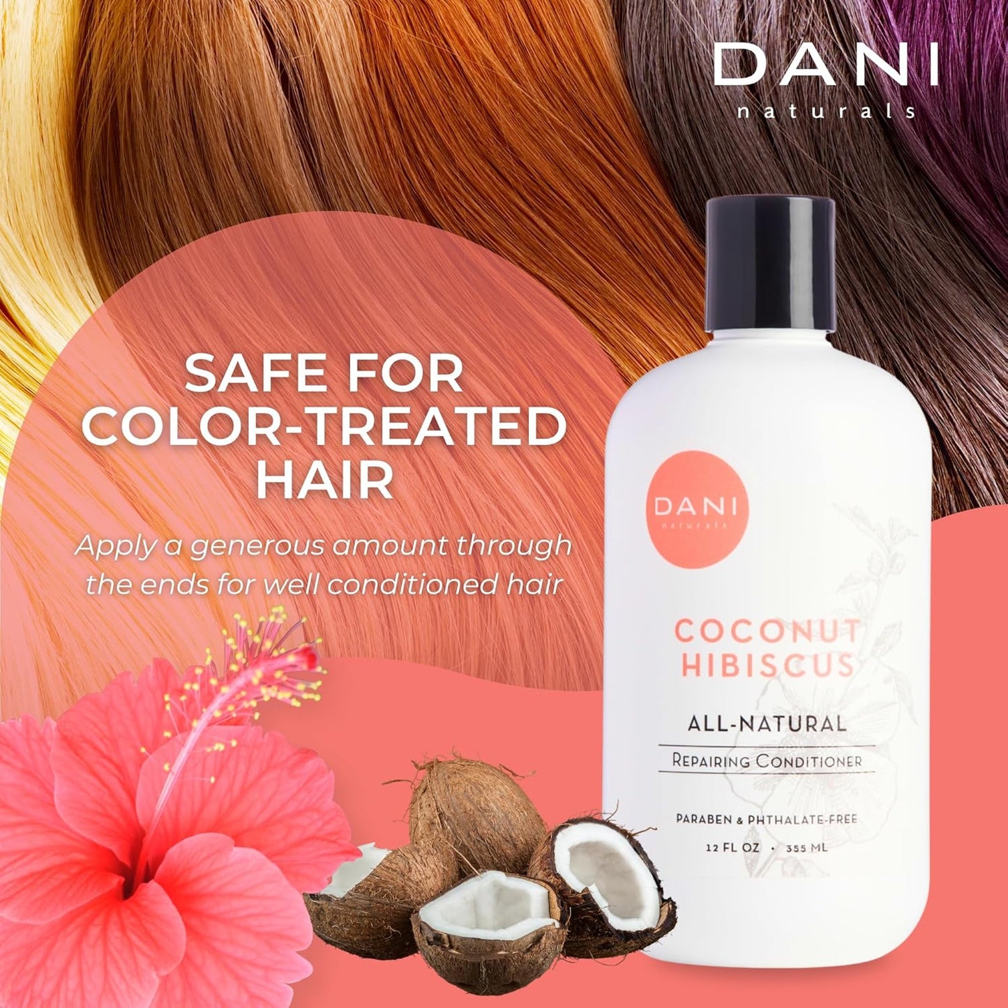 DANI Naturals Conditioner – Coconut Hibiscus, Strengthening & Hydrating for Dry or Damaged Hair, Lightweight & Nourishing, Vegan & Color-Safe, 12 oz