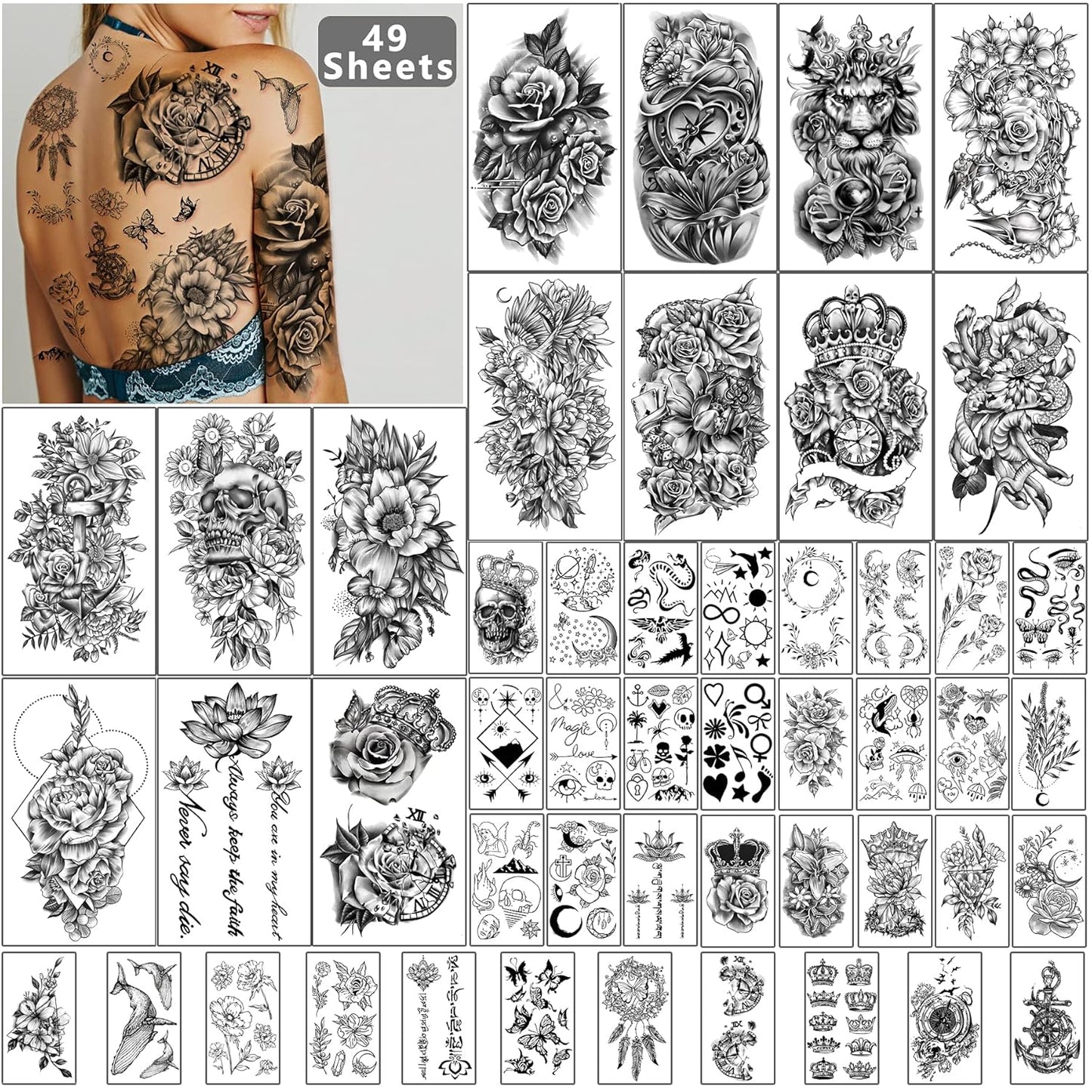Yazhiji 49 sheets Large Flowers Butterfies Crown Waterproof Temporary Tattoos for Women and Girls,Fake Tattoos for Kids or Adults Body Make Up Tattoo