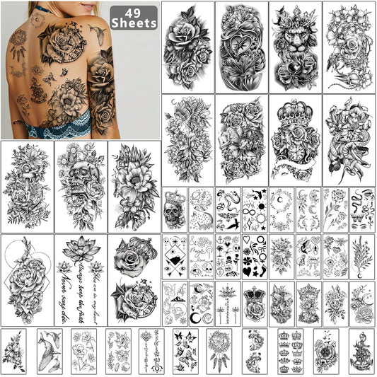 Yazhiji 49 sheets Large Flowers Butterfies Crown Waterproof Temporary Tattoos for Women and Girls,Fake Tattoos for Kids or Adults Body Make Up Tattoo