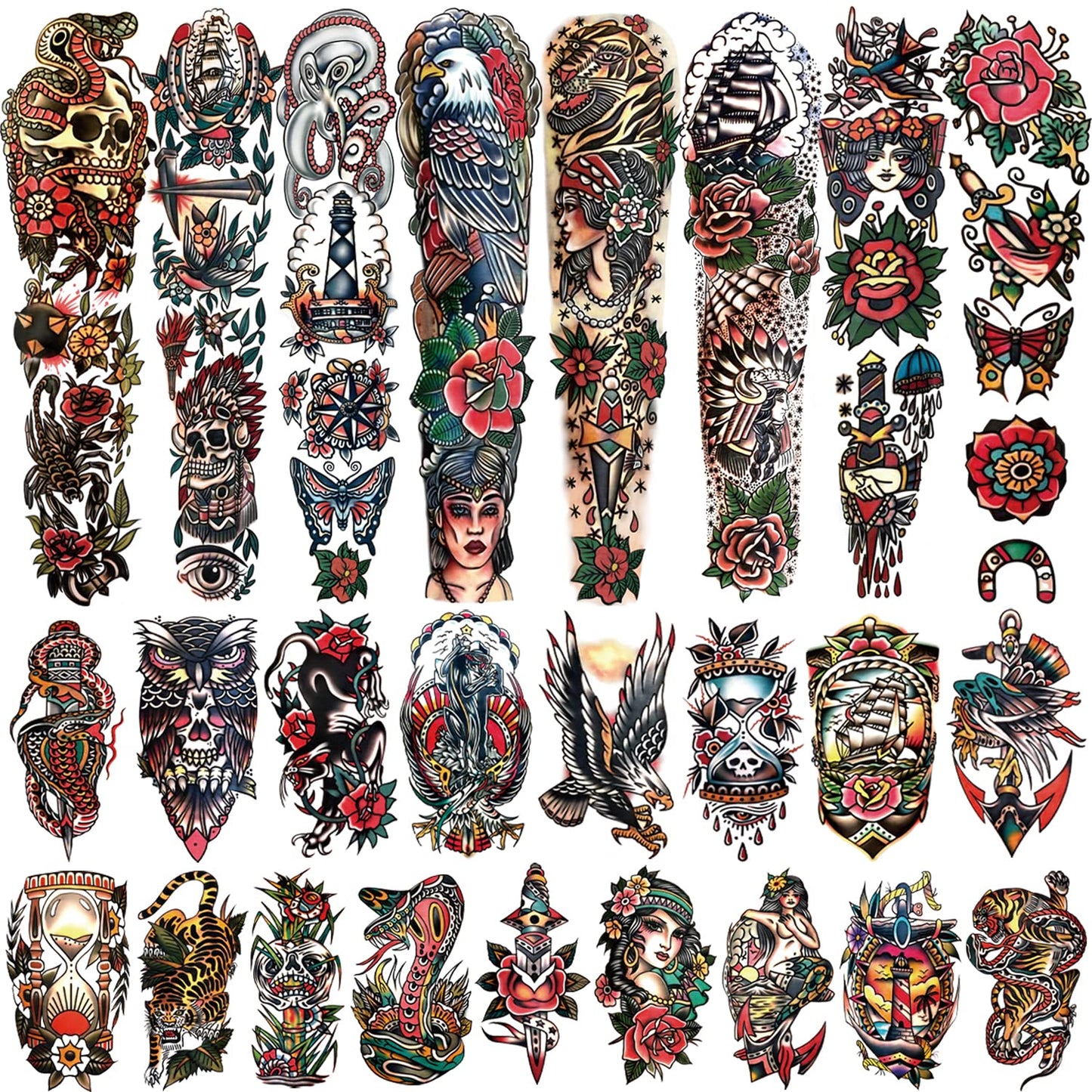 55 Sheets Temporary Tattoos,8 Sheets Full Arm Waterproof Flower Owl Snake Fake Halloween Tattoo Stickers for Adults Women Men,17 Sheets Half Arm 30 Sheets Small Tattoos Realistic for Kids Girls Boys