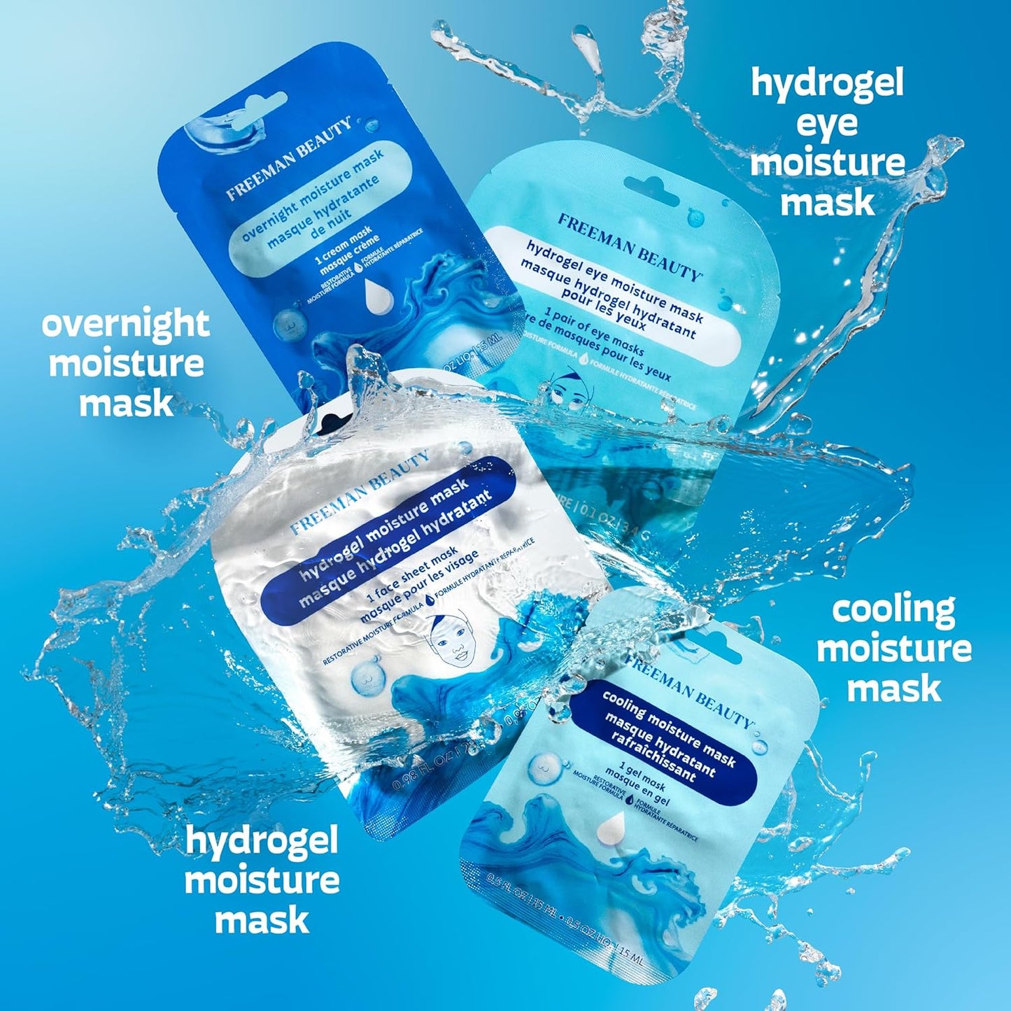 Freeman 4 Piece Moisture Mask Face Set, Hydrating Face Masks & Under Eye Mask For Puffy Eyes, Hydrogel Masks For Dry Skin, Hyaluronic Acid, Travel-Friendly, Vegan & Cruelty Free Skincare