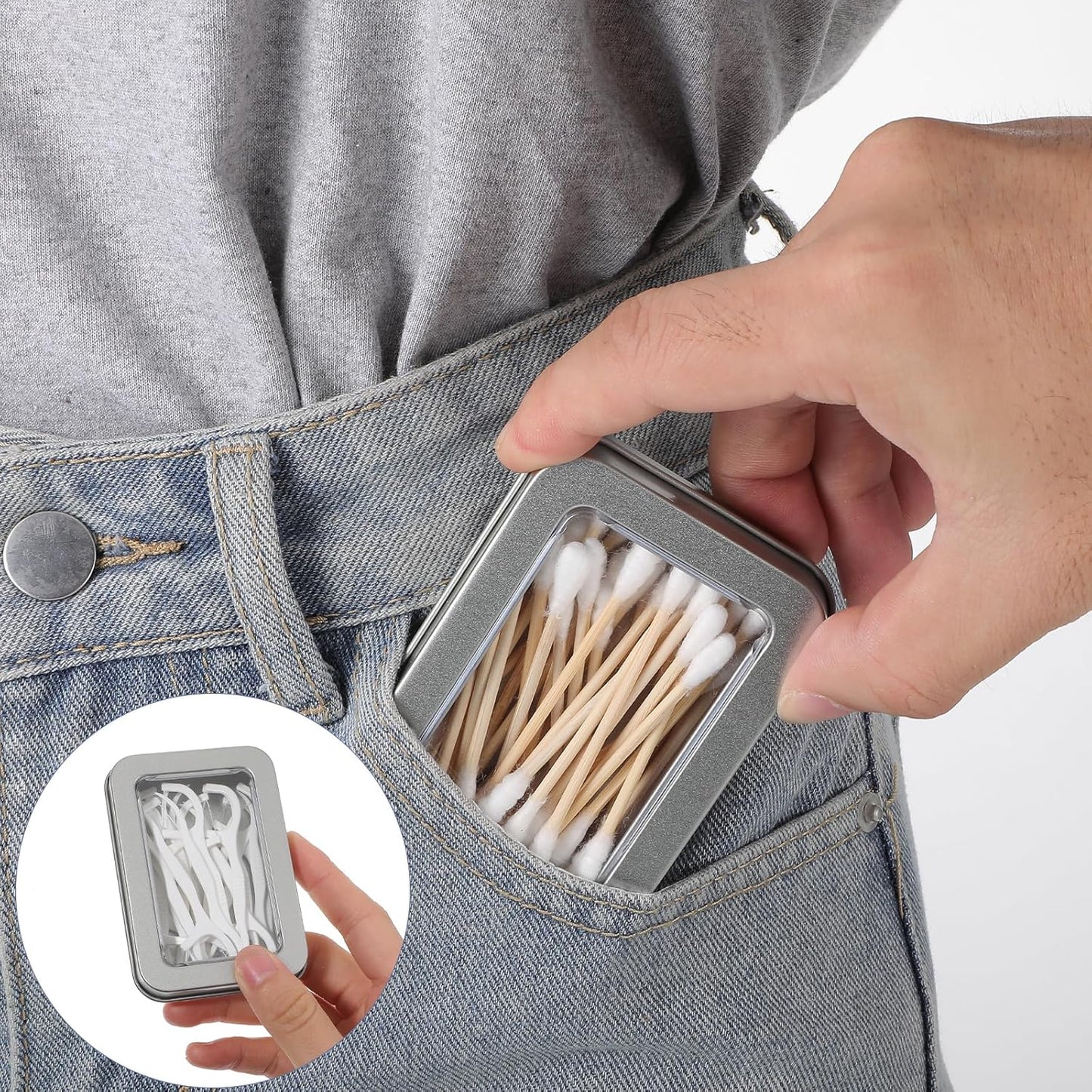 5Pcs Cotton Swab Holder for Travel, Portable Small Dental Floss Case Metal Empty Cotton Ball Holder with Dustproof Lid Floss Picks Dispenser for Travel Outdoor(Silver)