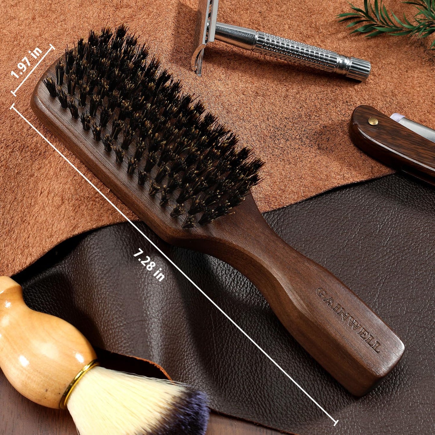 Wild Boar Bristle Hair Brush for Men - Slick Back Hair Brush - Stiff Boar Bristles for Thick Hair, Natural Black Walnut Wooden Handle Hairbrush, Beard Mustache Brush by GAINWELL