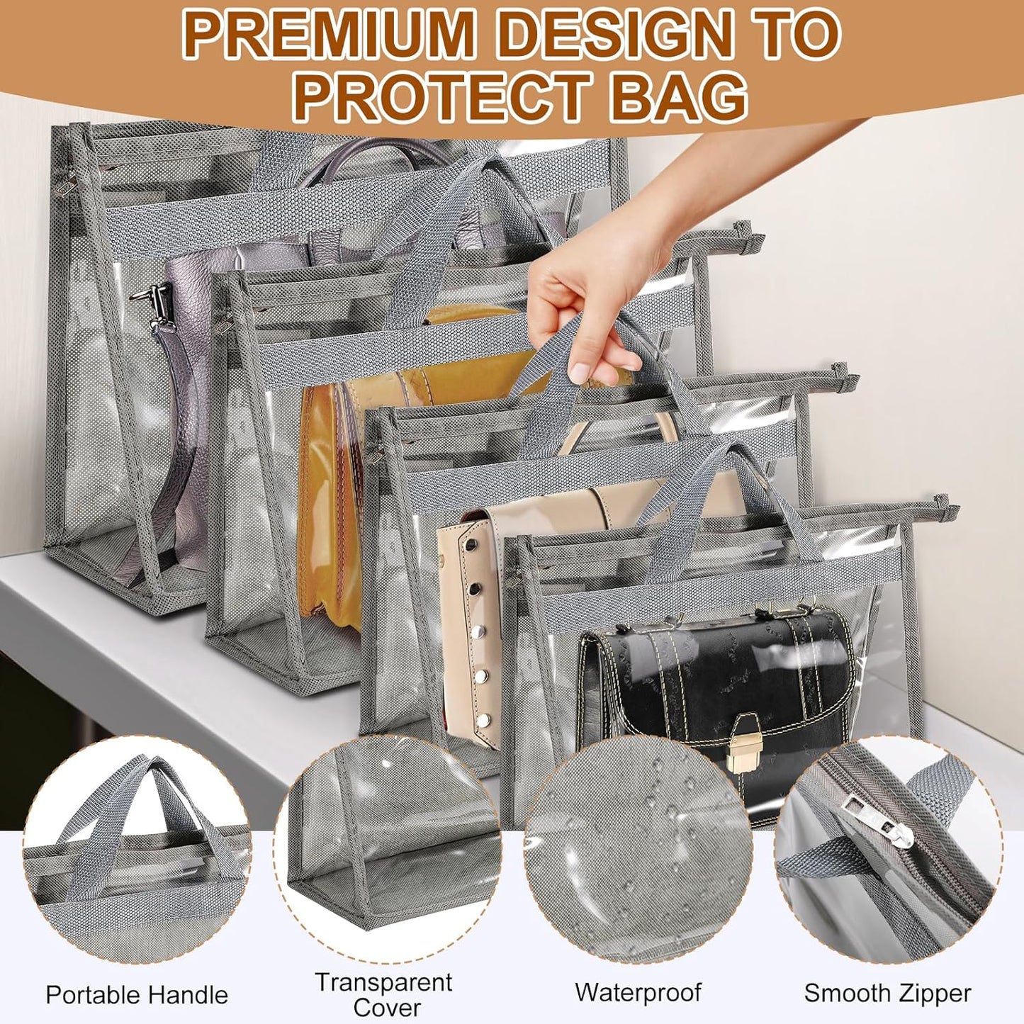 10 Pcs Dust Bags for Handbags,Clear Handbag Storage Organizer,Purse Storage Organizer for Closet,Purse Protector Storage Bag with Zipper Handle and Hooks (Grey)