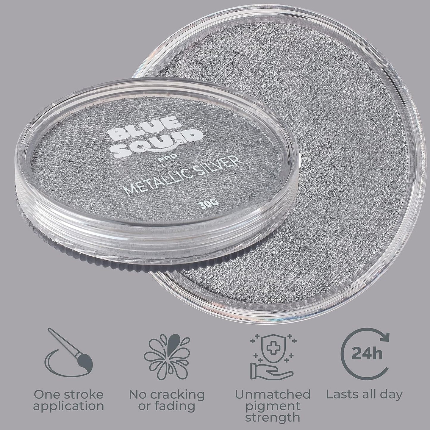 Blue Squid Face Paint Water Based Single Cake Professional Face Paint & Body Paint - Water Activated, Kids Adults Face Painting for Costume, Halloween Makeup, Cosplay - Metallic Silver Face Paint 30g