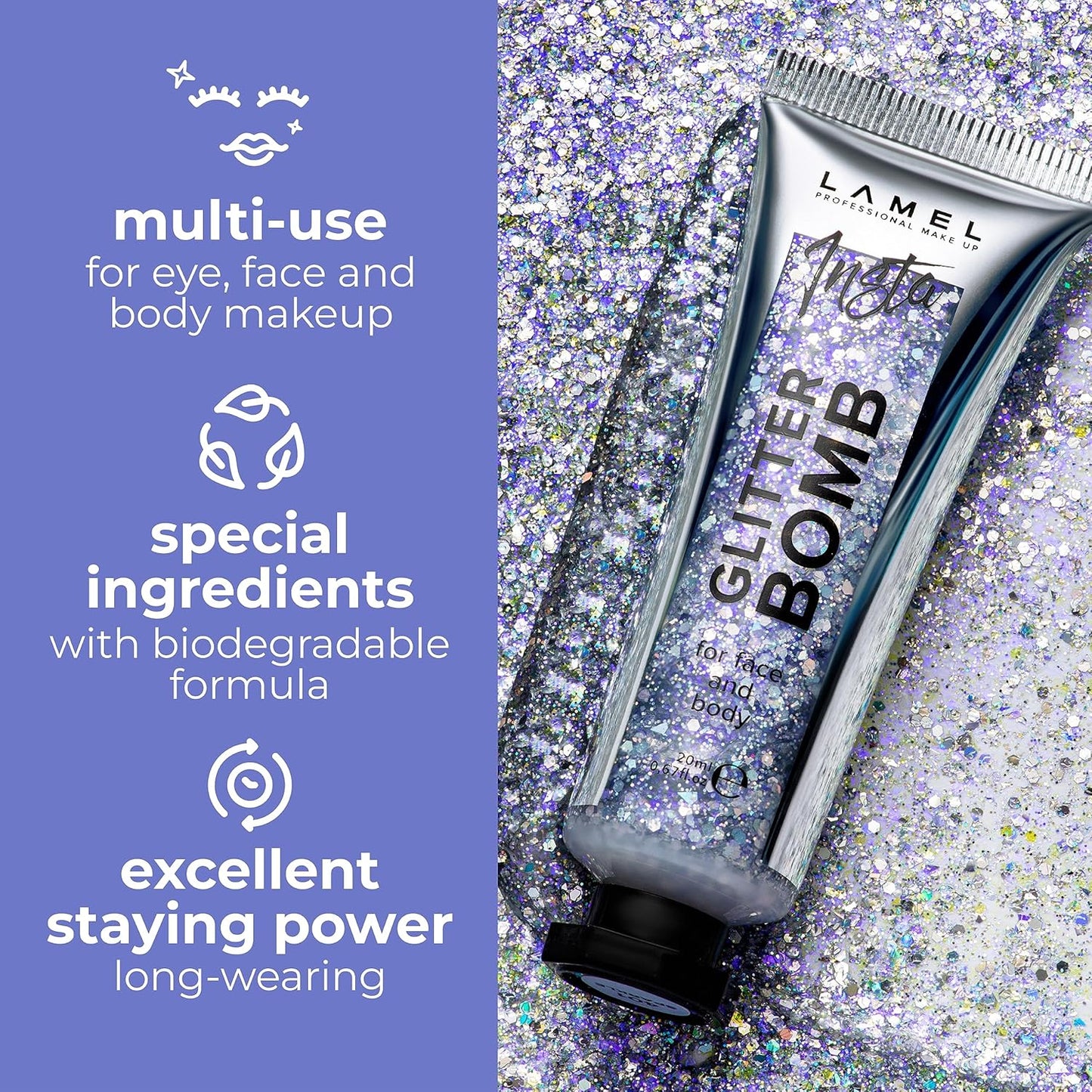 LAMEL Insta Glitter Bomb: Quick-Dry Holographic Face & Body Glitter Gel | Long-Lasting Shine & Effortless Removal | Perfect Face Glitter Makeup & Body, Hair Shimmer | Vegan & Cruelty Free -0.67 fl.oz
