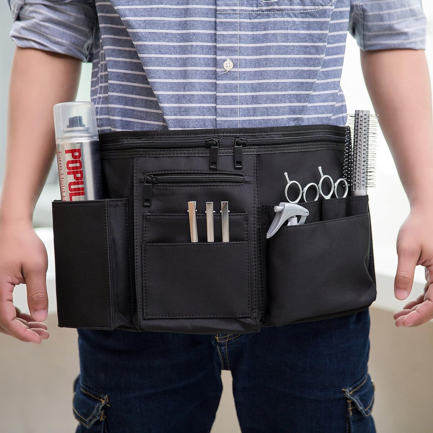 MyGift Professional Black Salon Apron, Makeup Artist Cosmetic Canvas Waist Apron, Multiple Pocket Brush Bag Organizer