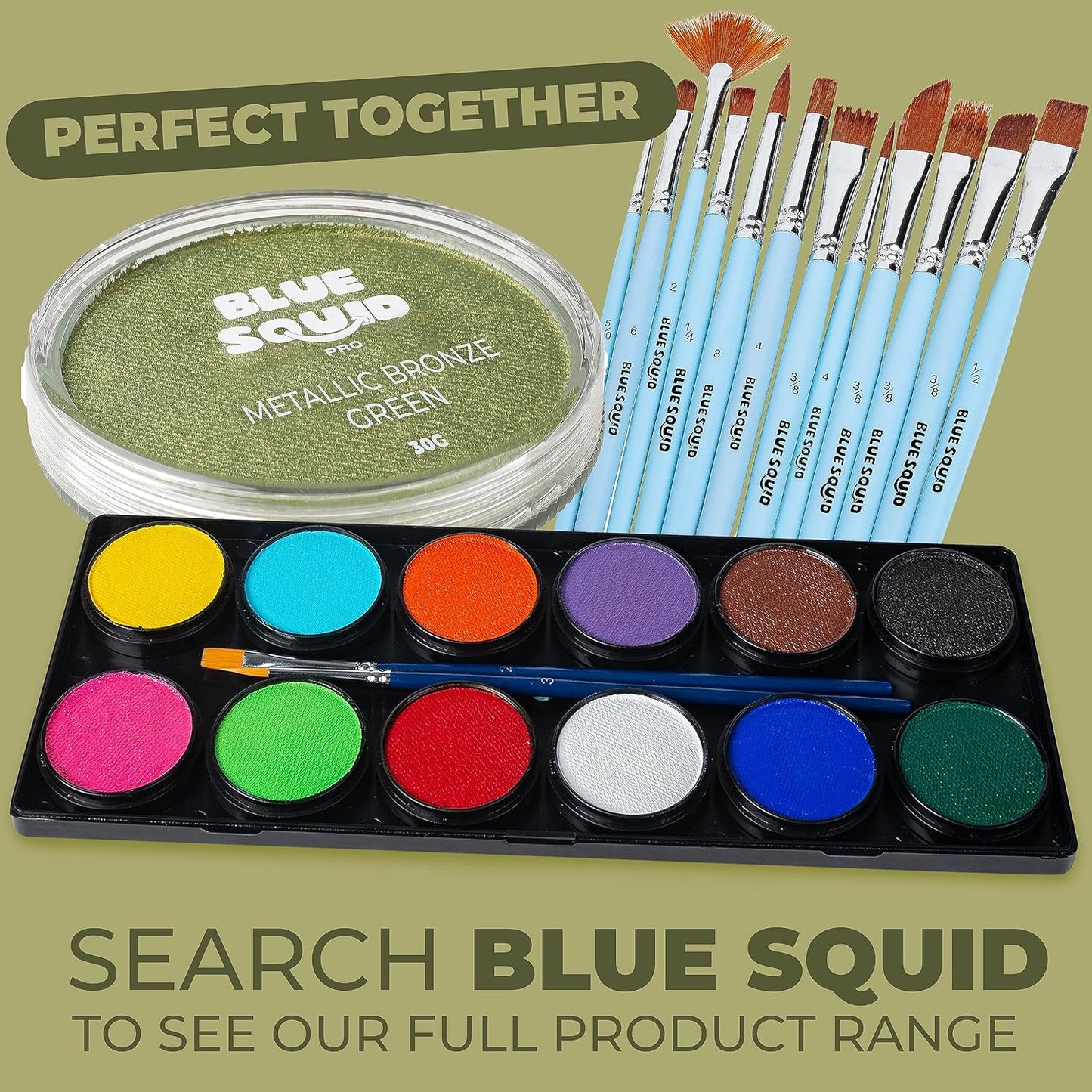 Blue Squid Face Paint Water Based Single Cake Professional Face Paint & Body Paint - Water Activated, Kids Adults Face Painting for Costume, Halloween Makeup, Cosplay - Metallic Bronze Face Paint 30g